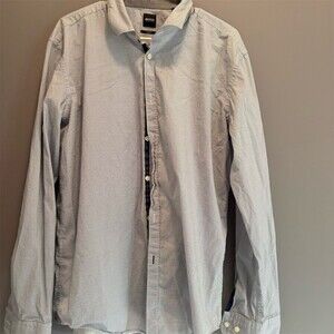 BOSS Hugo Boss Shirt Mens 2XL Light Blue Micro Print Slim Fit Button-Up